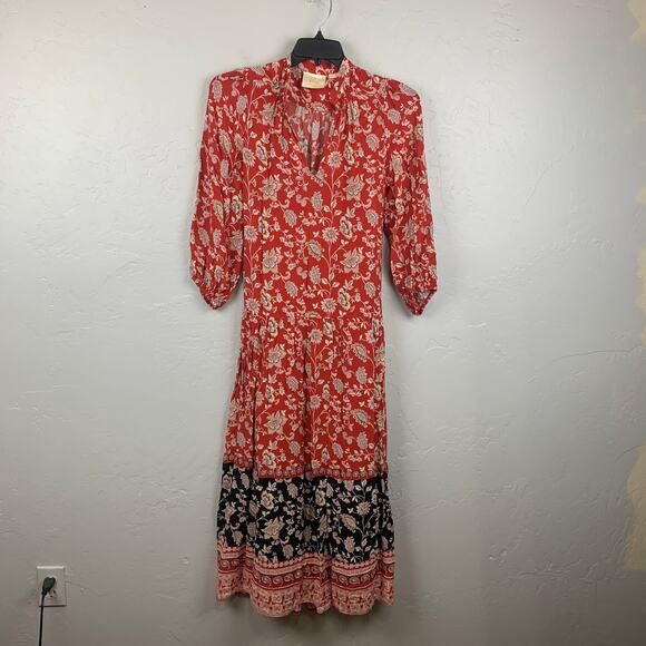 Anthro Mauve Melina Maxi Dress Women Small Red Floral Print Prairie Cottage Core - Picture 3 of 10